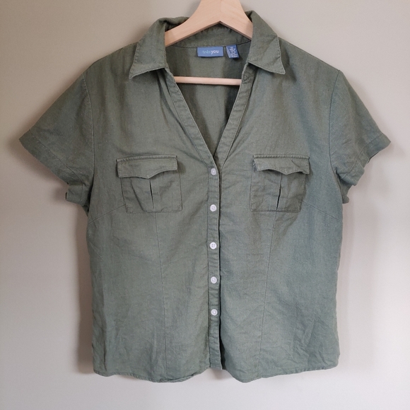 Tres You Green Linen Blend Button-Up Short Sleeve Size 12 - Picture 2 of 12